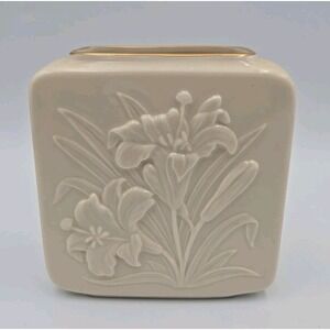 Lenox Floral Tiger Lily Square Vase  24K Gold Trim‎ 4"X4" Vintage Made In USA